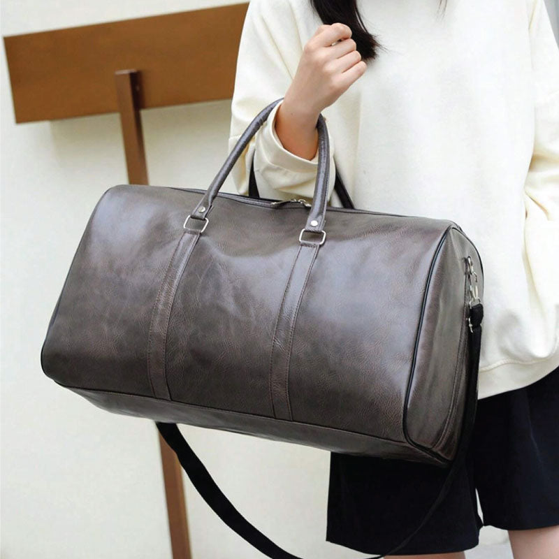 Black PU Vintage Travel Duffel Bag - Large Capacity Waterproof Weekend Bag | Xport Style - Photograph